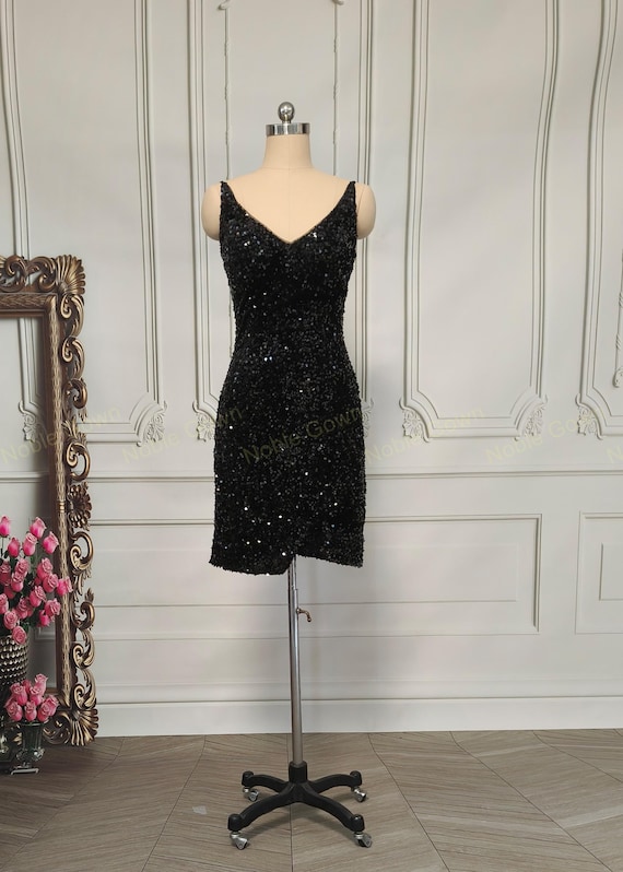 Vestido de cóctel de terciopelo negro con lentejuelas: Vestido de