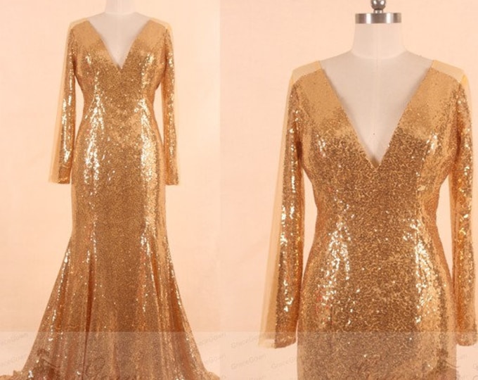 V-neck Faux Two-piece Gown with Long Sleeves Gold
