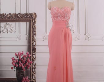Coral Slim Prom Dress Sweetheart Lace Chiffon Mermaid bridesmaid dresses Gown
