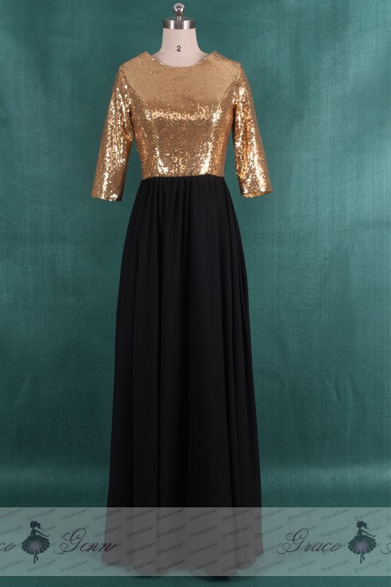 Modest Bridesmaid Dress With Sleevesgold Evening Dresssequin | Etsy