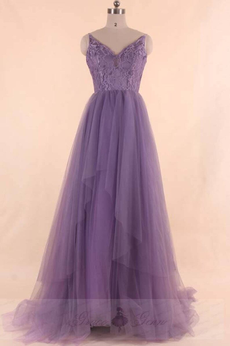 Purple Wedding Dress,Princess A-line Spaghetti Straps Wedding Dress Tulle Skirt,Scoop Back Boho Wedding Dress With Chapel Train,Custom Dress