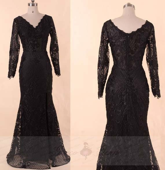 black lace sleeve prom dress