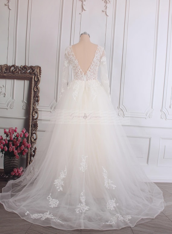 champagne wedding dress long sleeve Modest Fit And Flare Wedding Dress,Long Sleeve Ivory Over Champagne Bridal Gown,WD00930, US24W / White