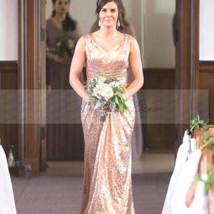 Rose Gold Sequin Bridesmaid Dress Mermaid Prom Dress Long,Sparkly Evening Gown,Sexy V Back Evening Prom Dress,Mother Of The Bride Dress