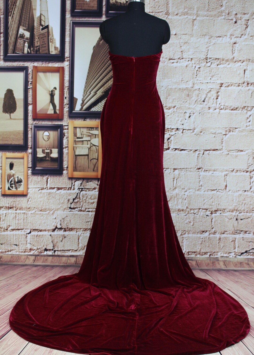 Burgundy Velvet Mermaid Prom Dress: Strapless Evening Gown, Long Train