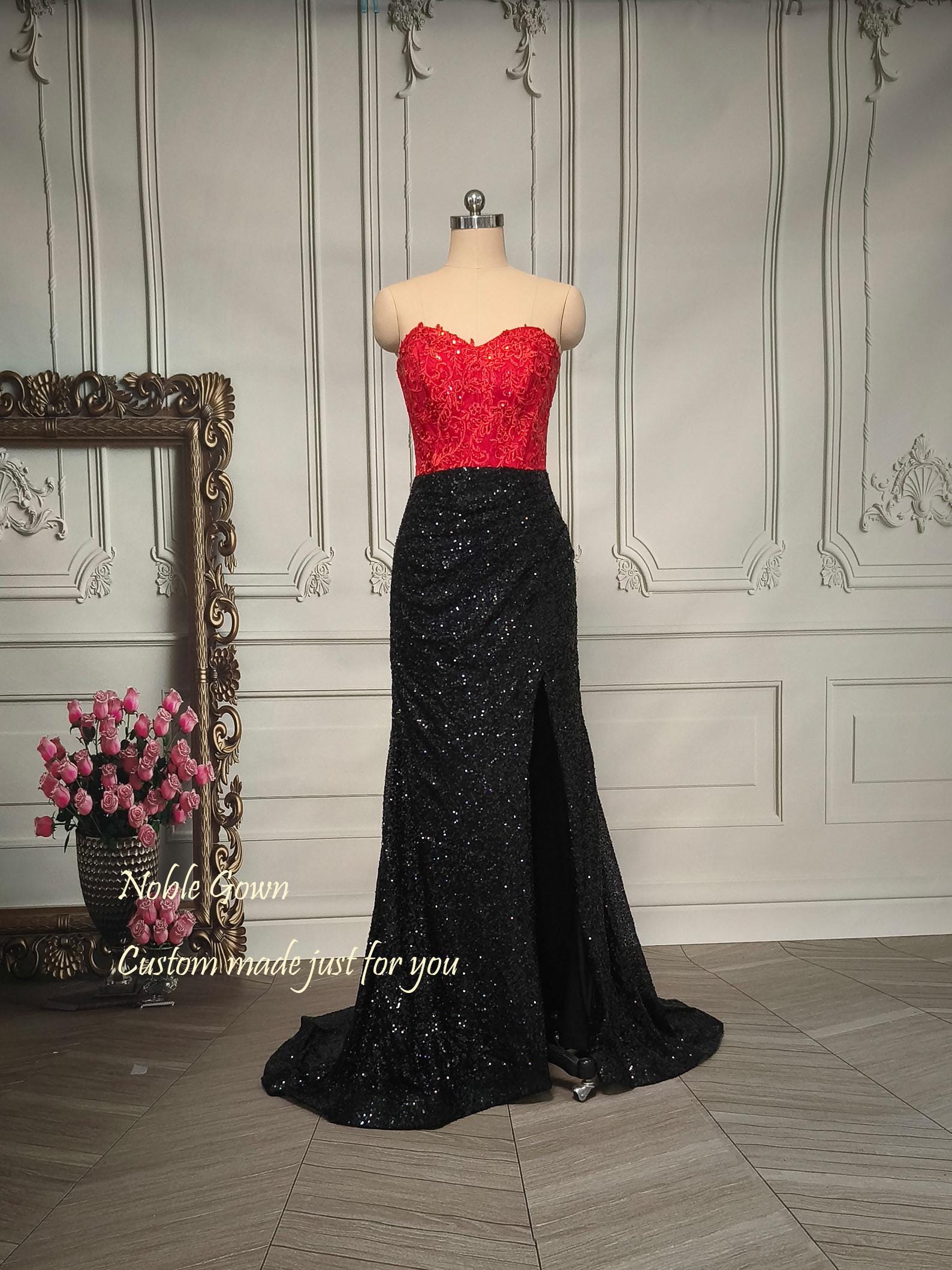 red and black sequin prom dress Cold-Shoulder Long Sequin Prom Dress: Amoris BD4004 Red / XSmall