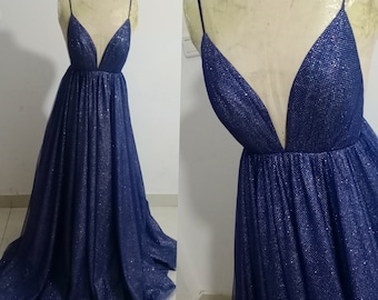 Slip Navy Blue Dress,Backless Prom Dress Plunging Formal Evening Gown For Woman