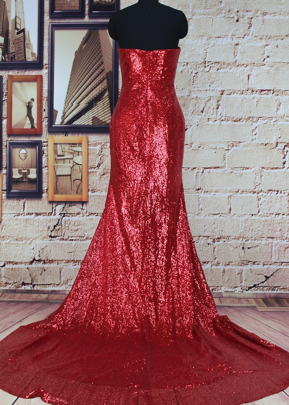strapless open back dress Red Sequin Surplice Mermaid Long Prom Dress with Side Slit main image 1