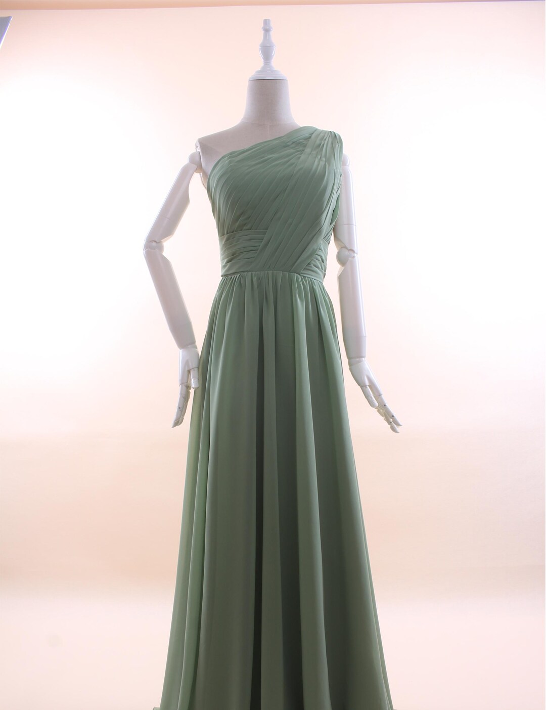 Ethereal Sage Green Chiffon Gown with Halter Cold-Shoulder Bodice