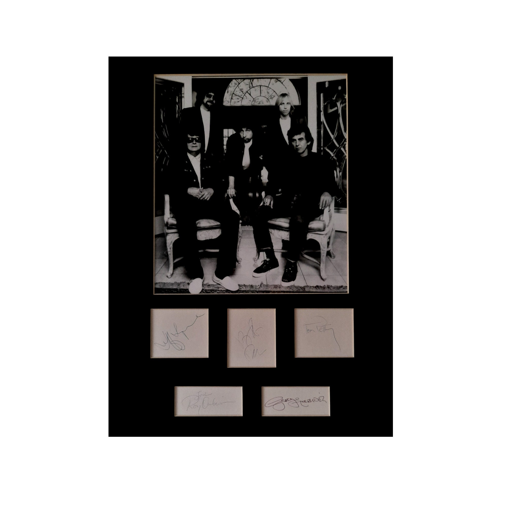 The TRAVELING WILBURYS AUTOGRAPH photo display George Harrison Roy Orbison Bob Dylan Tom Petty Jeff Lynne