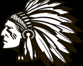 May include: Black and white illustration of a Native American man wearing a headdress with feathers. The man is looking to the left and has a serious expression on his face.