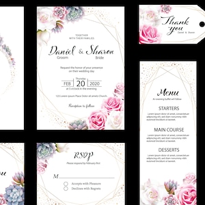 Invitación de boda floral y plantillas de tarjetas