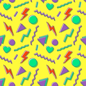 Könnte beinhalten: Ein nahtloses Muster mit einem Retro-Look der 80er und 90er Jahre. Das Muster zeigt einen gelben Hintergrund mit verschiedenen geometrischen Formen in Grün, Lila und Rot. Die Formen umfassen Herzen, Blitze, Kreise, Dreiecke und Zickzacklinien.
