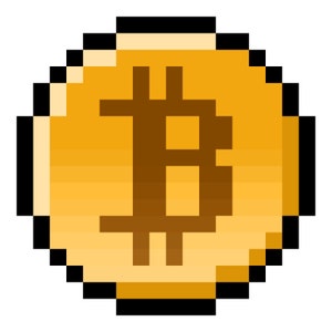 May include: A pixelated gold coin with a brown Bitcoin symbol in the center.