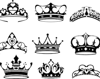 Könnte beinhalten: Satz von neun schwarzen und weißen Kronensilhouetten. Die Kronen sind in verschiedenen Stilen, darunter verzierte, einfache und königliche.