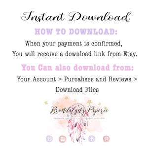 May include: White background with text in black and light purple, including "Instant Download" and instructions on how to download files from Etsy. The image also features a logo with a dreamcatcher design and social media icons.