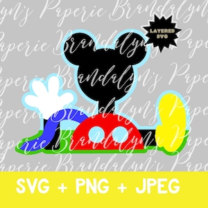 May include: A colorful graphic of a cartoon character in black, red, yellow, white, and blue. The character's head and ears are black, with a red body and yellow foot. The image includes the text "SVG + PNG + JPEG" in yellow.