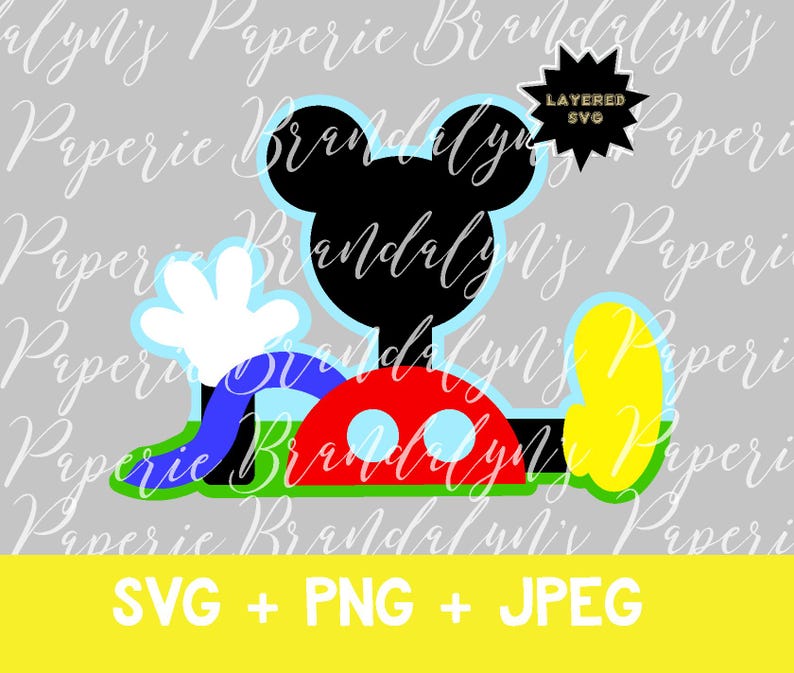 May include: A colorful graphic of a cartoon character in black, red, yellow, white, and blue. The character's head and ears are black, with a red body and yellow foot. The image includes the text "SVG + PNG + JPEG" in yellow.