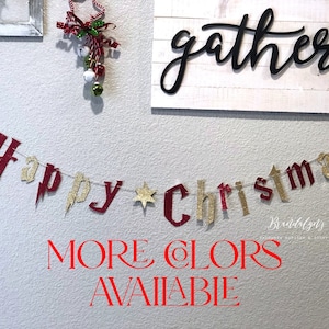 Wizard Happy Christmas banner, glitter gold and scarlet Christmas banner, Holiday banner, Christmas card banner, HP inspired