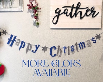 Wizard Happy Christmas banner, glitter Blue and Silver Christmas banner, Holiday banner, Christmas card banner, HP inspired