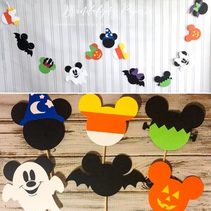 Halloween Mickey and Minnie Mouse inspired cupcake toppers, Mickey and Minnie Halloween Boy tops + Garland