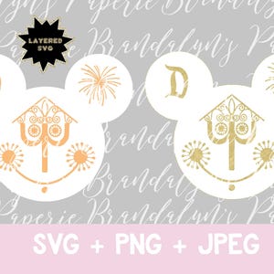 May include: Two white Mickey Mouse head-shaped designs with orange and gold accents. One features the letter "D", a fireworks burst, and a clock tower design. The other has the same elements in gold. The image includes "SVG + PNG + JPEG".