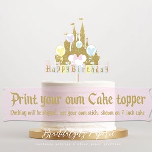 Disneyland inspirierter Cake Topper Happy Birthday NO AGE mit Schleife, DIY Cake Topper, pastell vintage gold, druckbar