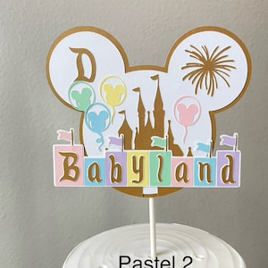 BABYLAND Mickey Disneyland inspired cake topper, pastel and gold vintage baby shower cake topper