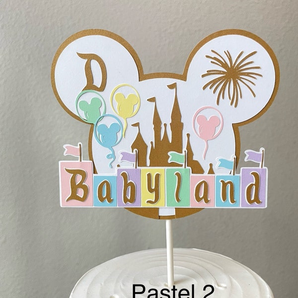 BABYLAND Mickey Disneyland inspired cake topper, pastel and gold vintage baby shower cake topper