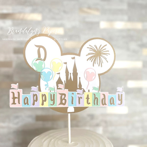 Disneyland inspired HAPPY BIRTHDAY cake topper, pastel and gold vintage