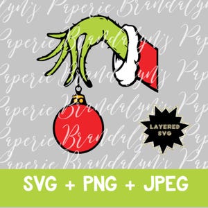 Christmas Grinch Hand with Ornament, Cut File (SVG PNG JPEG)