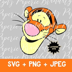 May include: A cartoon illustration of Tigger from Winnie the Pooh, featuring orange and black stripes, a pink nose, and a smiling expression. Below, the image includes the text "SVG + PNG + JPEG".