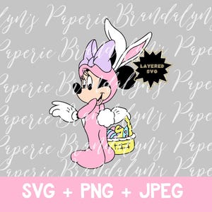 May include: A pink Minnie Mouse character in a bunny costume, holding a basket of Easter eggs. The image includes the text "SVG + PNG + JPEG" at the bottom. The background is light gray with a repeating script pattern.