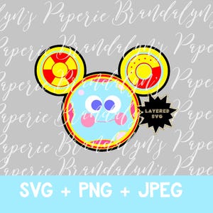 May include: A cartoon character design with a light blue face, pink cheeks, and blue eyes. The character has yellow and red ears. The image includes the text "SVG + PNG + JPEG" and a "LAYERED SVG" badge.