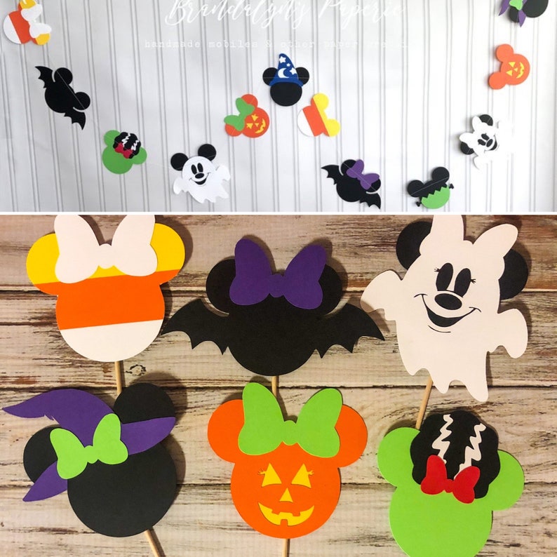 Halloween Mickey and Minnie Mouse inspired cupcake toppers, Mickey and Minnie Halloween Girl tops + Garland