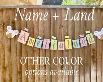 Personalized Name + Land Disneyland Banner: Pastel Mickey Mouse Birthday Party Decor