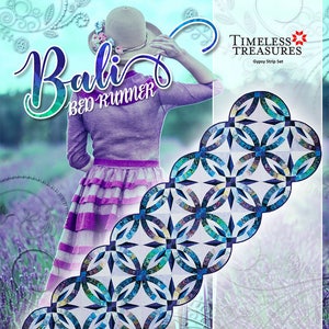 May include: A blue and green quilt pattern with a circular design. The quilt is called "Bali Bed Runner" and is part of the "Timeless Treasures Gypsy Strip Set".