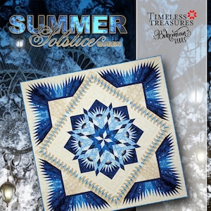 May include: A quilt pattern called "Summer Solstice Queen" featuring a blue and white starburst design. The pattern is from Timeless Treasures "Bohemian Blues" collection. The pattern is for foundation paper piecing.