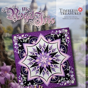 May include: A purple and white quilt pattern called "The Royal Iris" from the Timeless Treasures Heather Mini Collection. The quilt features a large, intricate star design with a frog wearing a crown in the foreground.