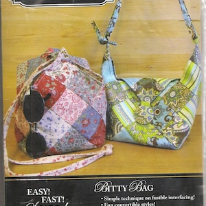 May include: Quiltsmart Bitty Bag sewing pattern featuring two bags made with printed interfacing. The bags are made with colorful patchwork fabric and are 2 1/2 inches square. The pattern is easy, fast, and smart.