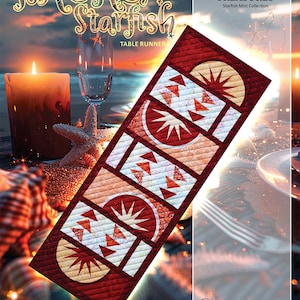 May include: A red, orange, and white quilt table runner with a "Broken Starfish" design. The table runner is made using foundation paper piecing and is part of the "Timeless Treasures Starfish Mini Collection".