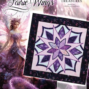 May include: A purple and pink quilt block with a starburst design. The quilt block is surrounded by a dark purple border with a floral pattern. The quilt block is titled "Fairie Wings" and is part of the "Timeless Treasures Heather Mini Collection and Wallflowers" collection. The text "Quiltworx.com Foundation Paper Piecing" is at the bottom of the image.