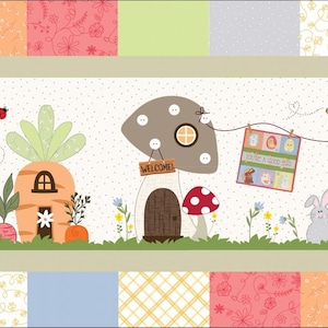 May include: A colorful illustration of a whimsical bunny-themed scene with a mushroom house, a carrot house, a bunny in a rain boot, and signs that read "Hoppin' Down the Bunny Trail".