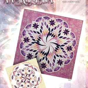 May include: A quilt pattern called Andromeda from the Raspberry Parfait Mini Collection by Timeless Treasures. The pattern features a swirling star design in shades of pink, purple, and white. The quilt is available in two sizes: Queen and Wall.