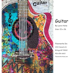 Peut inclure: Un patchwork coloré représentant une guitare acoustique avec un symbole de paix sur le corps. La courtepointe mesure 23 pouces par 36 pouces. Le texte "Guitar by Laura Heine" est dans le coin supérieur droit. Le texte "Fiberworks Inc" est dans le coin inférieur droit.