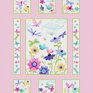May include: A fabric panel featuring a whimsical floral and butterfly design. The central panel showcases colorful flowers, butterflies, and dragonflies against a white background. The border and smaller panels have similar motifs on a pink gingham backdrop.
