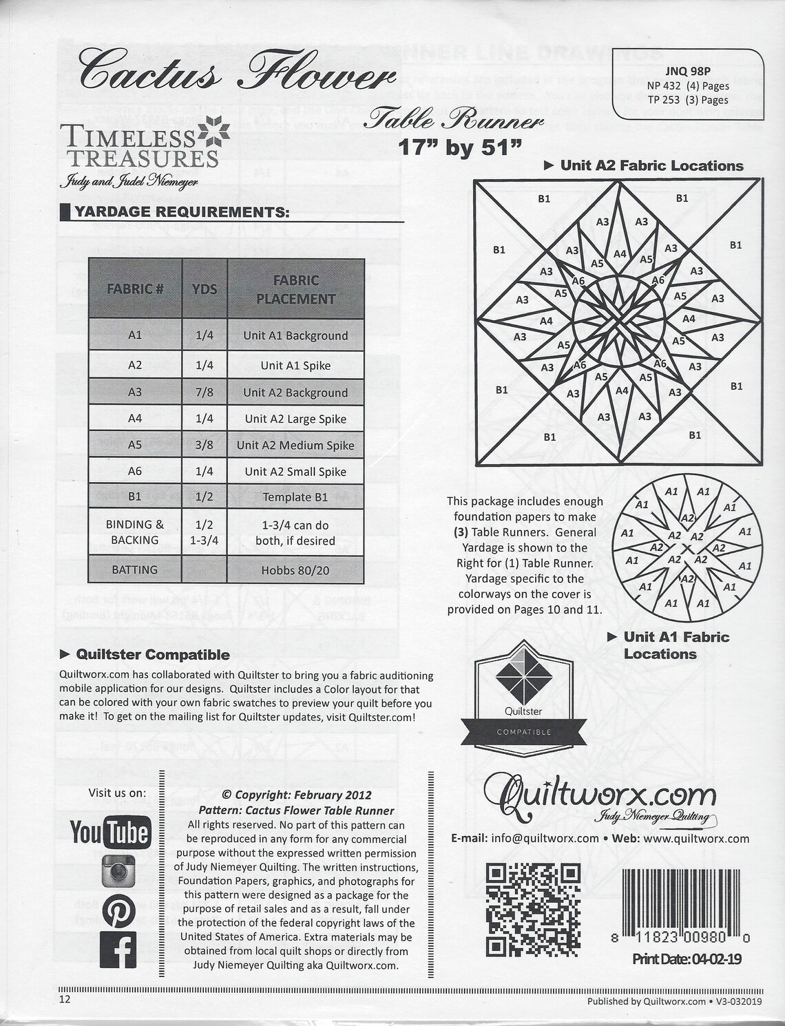 Cactus Flower Tablerunner Foundation Paper Piecing Pattern By Judy Niemeyer - 3 Runners, 17" X 51" Each