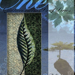 May include: A fabric panel featuring a large leaf design, with the text "Quiltworx.com Leaf Series." The panel is 20" x 40" and has a blue and green color scheme. The leaf is green and black, set against a patterned background.