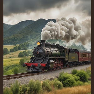 May include: A black steam locomotive with a bright yellow headlight and red wheels pulling dark red passenger cars along a railway track. Thick white smoke billows from the engine chimney against a backdrop of green hills and a cloudy sky.