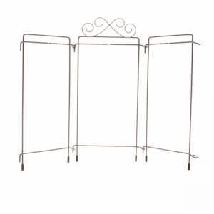 May include: A three-panel metal plant stand with a decorative scroll design at the top. The stand is made of brown metal and has a simple, elegant design.